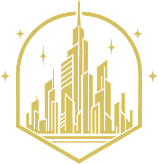 Emblème Celestrius : une silhouette de ville tracée en or dans un écusson, sous quelques étoiles.